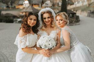 Stylish bridesmaids have fun with the bride in nature and pose looking into the camera photo