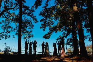bride and groom standing in the park and tenderly looking at each other in the company of friends photo