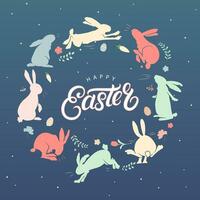 Happy Easter frame. Trendy Easter design with bunny in pastel colors and text. Poster, greeting card, banner. vector