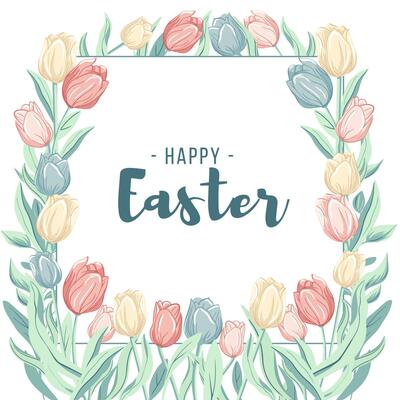 Happy Easter frame. Trendy Easter design with tulips in pastel colors and text. Poster, greeting card, banner.