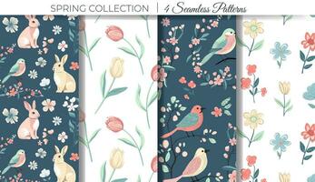 Spring seamless patterns. Set of spring background with bunny, tulips and birds. Easter ornament vector