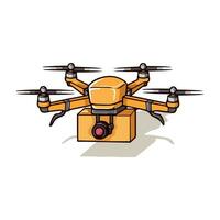 Quadcopter aerial drone with camera and cargo box for delivery service isolated on white background. Cartoon style. Vector illustration for any design.