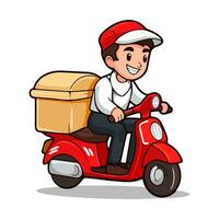 Delivery man riding a red scooter isolated on white background. Food delivery man. Cartoon style. Vector illustration.