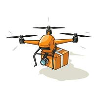 Quadcopter aerial drone with camera and cargo for delivery service isolated on white background. Cartoon style. Vector illustration for any design.