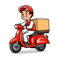 entrega hombre montando un rojo scooter. dibujos animados ilustración. vector ilustración aislado en blanco antecedentes.