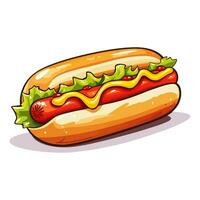 Hotdog with mustard and greenery. Cartoon style. Vector illustration.