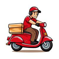 Delivery man riding a red scooter. Cartoon illustration. Vector illustration isolated on white background.