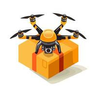 Quadcopter aerial drone with camera and cargo box for delivery service isolated on white background. Cartoon style. Vector illustration for any design.