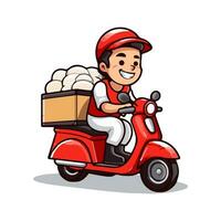 Delivery man riding a red scooter isolated on white background. Food delivery man. Cartoon style. Vector illustration.