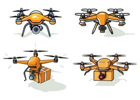 conjunto de quadcopter aéreo zumbido con cámara para fotografía, vídeo vigilancia o entrega aislado en blanco antecedentes. dibujos animados estilo. vector ilustración para ninguna diseño.