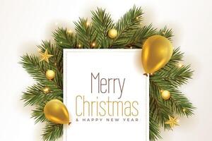 realistic merry christmas greeting with 3d golden balloons and decorations vector