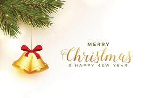 realistic merry christmas greeting with golden bell decoration vector