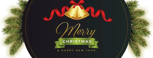 merry christmas realistic banner with bells and pine tree leaves vector