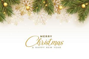 realistic merry christmas festival greeting with pine leaves and golden snowflakes vector