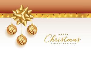 merry christmas golden balls and ribbons background vector