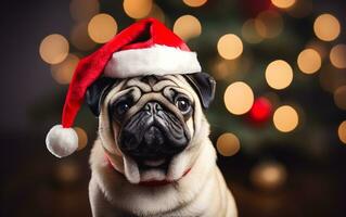 Christmas banner with place for text. Mops in santa hat photo