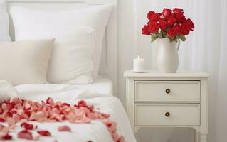 AI generated Vase of red roses with candle near on the nightstand near bed. Valentines day concept or anniversary photo