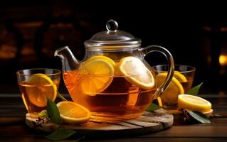 AI generated tea pot with lemon and cups on dark rustic background.winter drinks concept photo