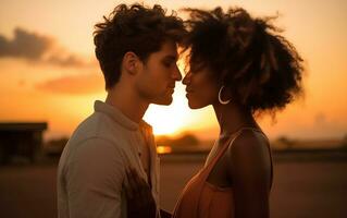 ai generado perfiles de romántico multiétnico Pareja besos en antecedentes de puesta de sol. amor, romance, san valentin día foto