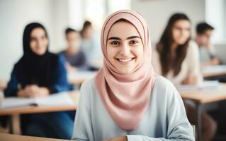 ai generado contento sonriente niña en hijab en el salón de clases con estudiantes.arabe mujer sentado a el escritorio foto