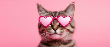 AI generated Cute kitten wearing heart-shaped sunglasses Valentine's Day on pink background. Copy space banner photo