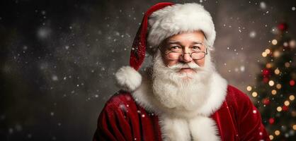 ai generado de cerca retrato de sonriente Papa Noel claus . Navidad Días festivos bandera con Copiar espacio foto