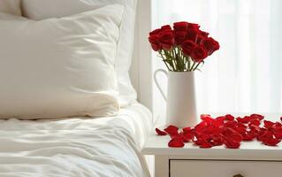 AI generated Vase of red roses with candle near on the nightstand near bed. Valentines day concept or anniversary photo