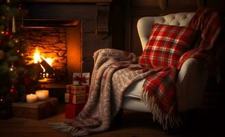 AI generated Christmas living room interior with decorated fireplace, armchair,xmas tree and candles photo