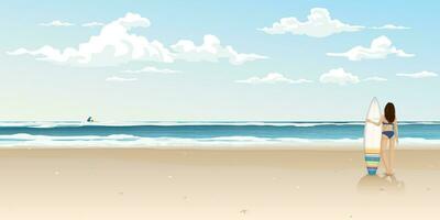 tablista niña con tabla de surf a el playa plano diseño vector ilustración tener blanco espacio. de viaje a caribe mar concepto.
