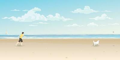 Man playing ball with his dog on the beach vector illustration. Travel with pet concept cartoon flat design.