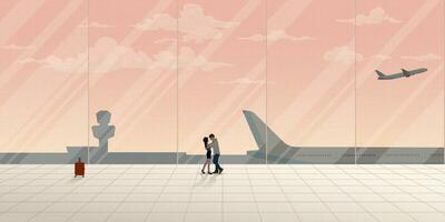 Couple of lover embracing at the airport's terminal have plane and vanilla sky background through windows vector illustration. Happy ending scene concept.