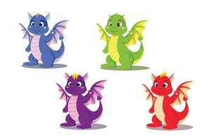 Set of fairy tale cute vector dragons of different colors in cartoon style