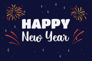 Happy New Year inscription on a dark background with fireworks and stars in a flat cartoon style vector