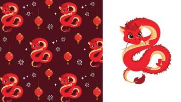 Cute vector seamless pattern of Chinese red dragon and Chinese lanterns