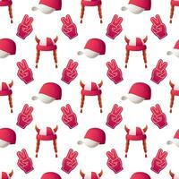 Seamless pattern for sports fans with attributes in red and white colors. Hat with horns and pigtails, cap, glove with two fingers up vector