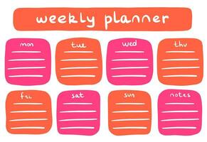 Weekly planner in pink and orange colours with notes block. Planning, time management, schedule planning. Vector illustration. Planner layout.