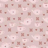 Hot chocolate seamless pattern, vector background print in light pink and brown colors