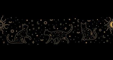 celestial gato sin costura largo borde. misterio estrellas, sol, Luna en el negro repetir antecedentes. magia boho símbolos en el negro cielo. mínimo línea Arte diseño. esotérico vector ilustración.