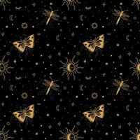 Celestial butterfly seamless pattern. Mystery stars, sun, moon on the black repeat background. Magic boho symbols surface design. Minimal line art. Esoteric vector illustration. Hand drawn wallpaper