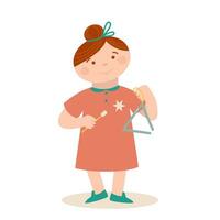 Little cute girl is playing musical triangle. Music vector cartoon illustration.