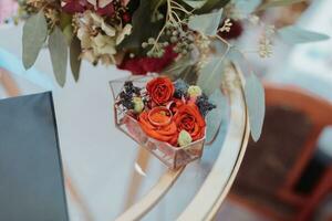 Gold wedding rings stand in vivid different colors, a decorated glass box. Wedding accessories. Preparation for wedding ceremonies photo