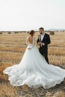 The bride and groom are standing in the field, and behind them are large sheaves of hay. The bride stands with her shoulders turned to the camera. Long elegant dress. Stylish groom. Summer photo