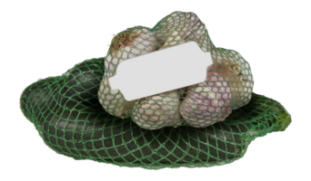 Courgette, garlic in a mesh bag cut out isolated transparent background png