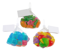 Mesh bags contain colorful plastic cut out isolated transparent background png