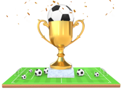 3d renderen gouden trofee met voetbal ballen Aan voetbal veld- voorkant visie png