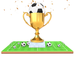 3d Rendern golden Trophäe mit Fußball Bälle auf Fußball Feld Vorderseite Aussicht png