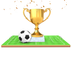 3d Rendern golden Trophäe mit Fußball Ball auf Fußball Feld Vorderseite Aussicht png