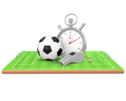 3D Rendering Soccer Ball, Whistle And Stopwatch On Soccer Field Side View png