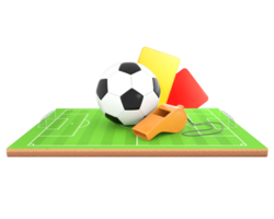 3D Rendering Soccer Ball, Whistle And Cards On Soccer Field Side View png