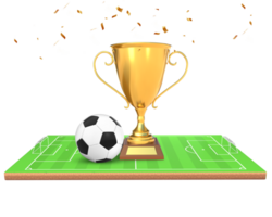 3D Rendering Golden Trophy With Soccer Ball On Soccer Field Front View png